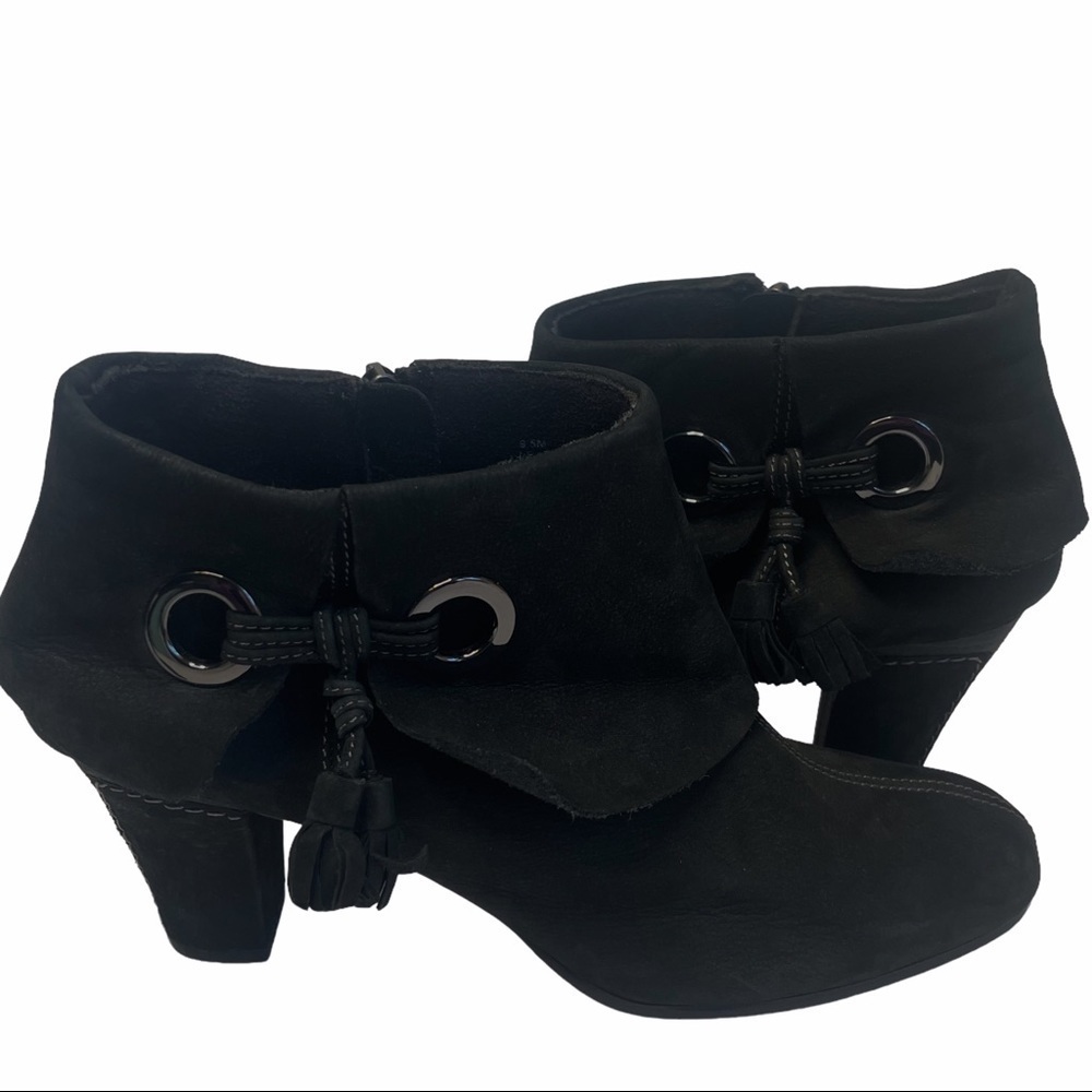Antra Black Leather Fold Over Covered Heel Tie On Side Booties Ankle Booties
